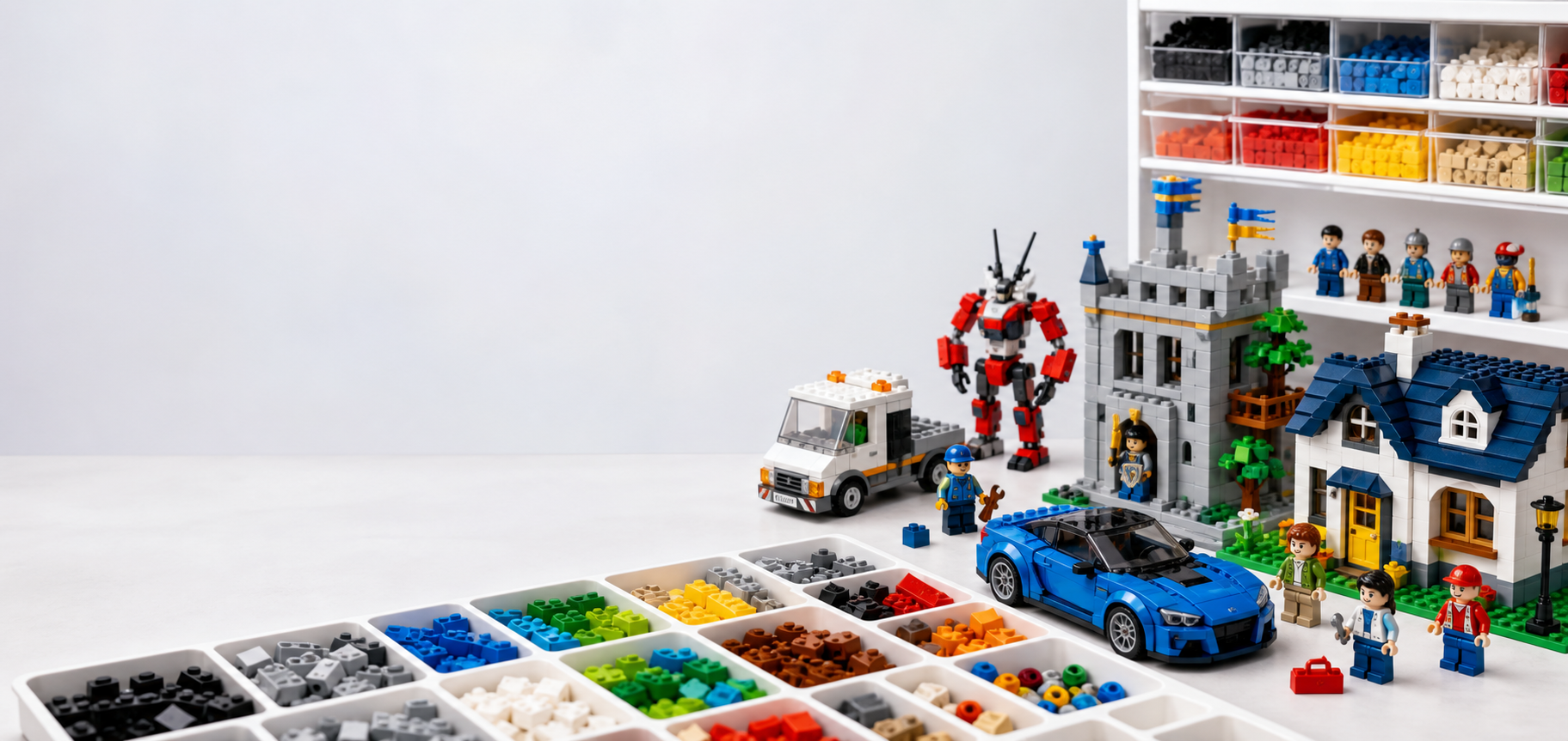 Cenário alegre com sets construídos, minifiguras e peças organizadas por cor sobre fundo branco